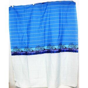 1 yd Vtg 1980s Blue Striped Cotton Fabric Beach Island Flowers Boats Purple 45"